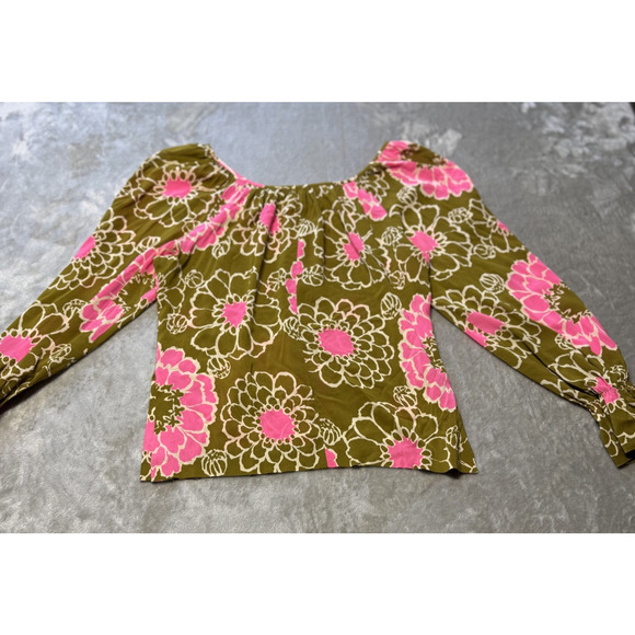 Trina Turk Los Angeles Floral Blouse Olive Green Pink SZ L Boho Peasant Top - Picture 9 of 10